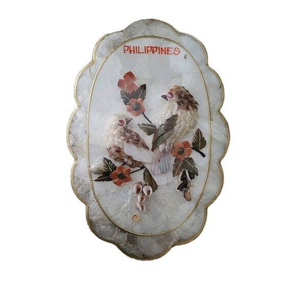 2 Vintage Capiz Shell Scalloped Seashell Art Birds Floral Phillipines Sealed GUC - Picture 1 of 11